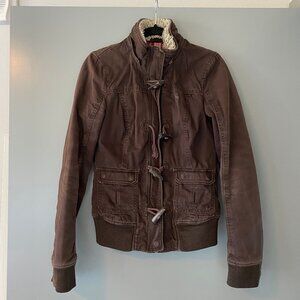 Abercrombie & Fitch Warm Bomber Jacket with Removable Faux Fur Hood in Brown